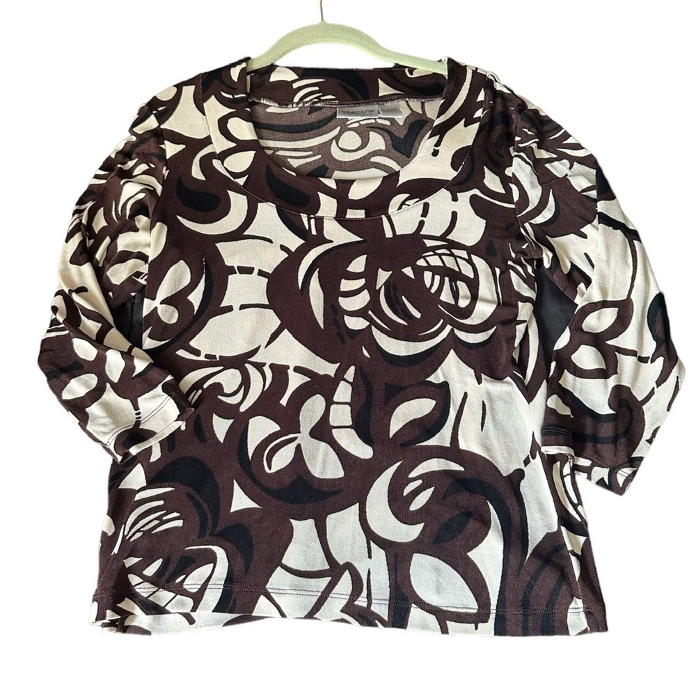 Chicos Travelers Top Womens Medium Brown Floral Slinky Stretch Artsy Capsule